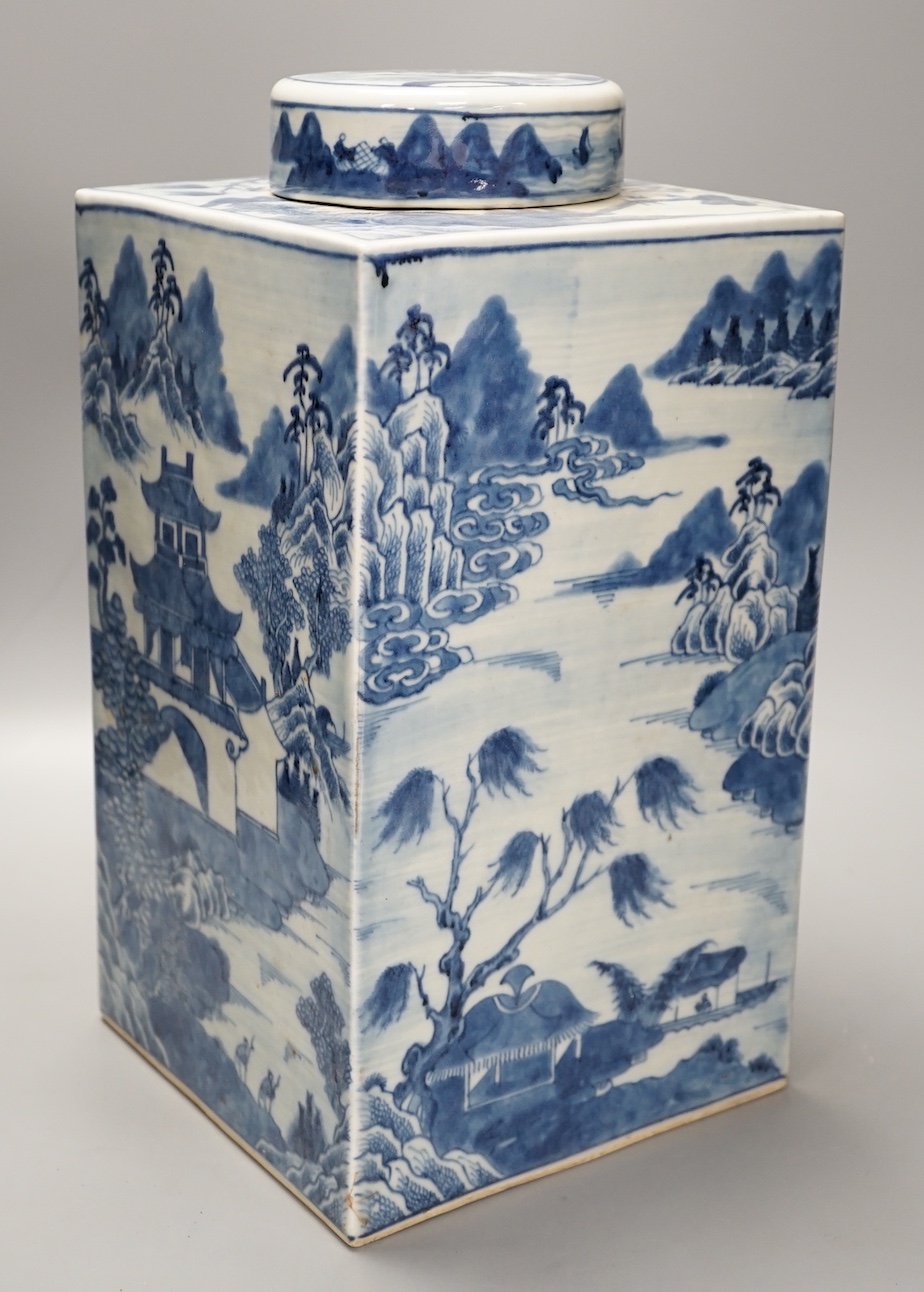 A large 18th century Chinese export blue and white tea canister 36cm